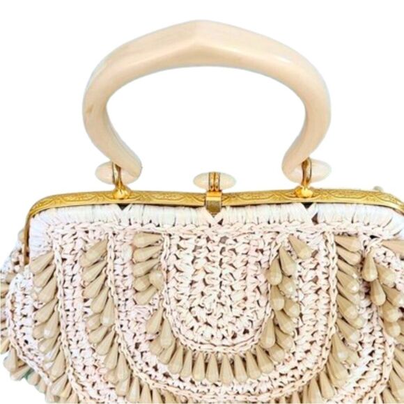 ♥️ Vintage 1960s Tan Straw Beaded Box Shaped Handbag Purse With Top Handle Italy - Picture 8 of 9